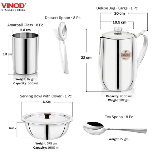 Vinod 85 Pieces Deluxe Stainless Steel Dinner Set Rust Free Heavy Gauge Steel Mirror Finish Dishwasher Safe and ISI Certified