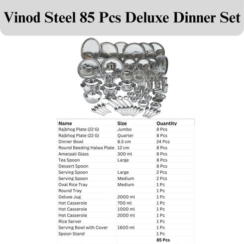 Vinod 85 Pieces Deluxe Stainless Steel Dinner Set Rust Free Heavy Gauge Steel Mirror Finish Dishwasher Safe and ISI Certified