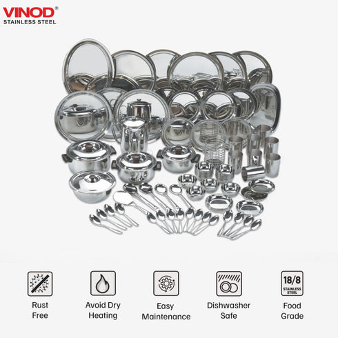 Vinod 85 Pieces Deluxe Stainless Steel Dinner Set Rust Free Heavy Gauge Steel Mirror Finish Dishwasher Safe and ISI Certified