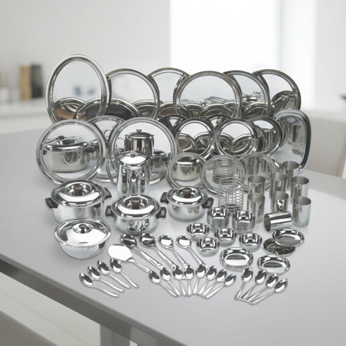 Vinod 85 Pieces Deluxe Stainless Steel Dinner Set Rust Free Heavy Gauge Steel Mirror Finish Dishwasher Safe and ISI Certified