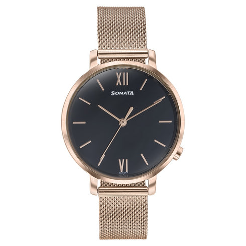 Sonata Elegent Essentials Quartz Analog Black Dial Stainless Steel Strap Watch For Women Style NU87045WM03W