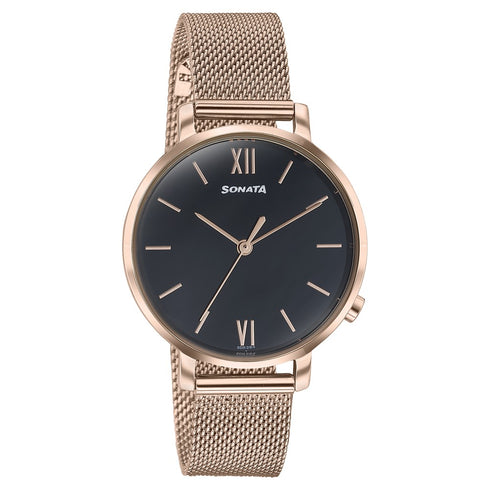 Sonata Elegent Essentials Quartz Analog Black Dial Stainless Steel Strap Watch For Women Style NU87045WM03W