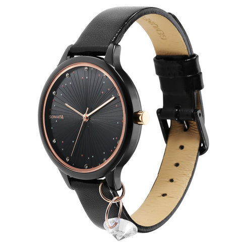 Sonata Blush Quartz Analog Black dial Leather Strap Watch for Women