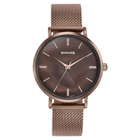 Sonata Quartz Analog Brown Dial Brown Stainless Steel Strap Watch For Women