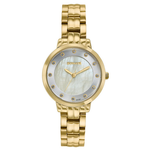 Sonata Jashn Quartz Analog Mother of Pearl Dial Golden Metal Strap Watch For Women