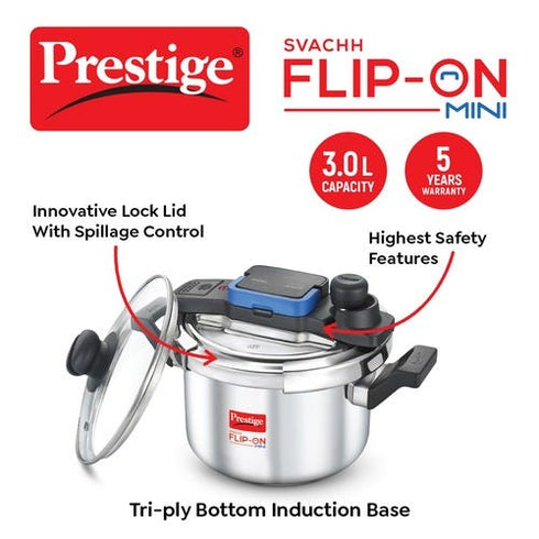 Prestige Svachh Flip-on Stainless Steel Gas And Induction Compatible Pressure Cooker 3 L