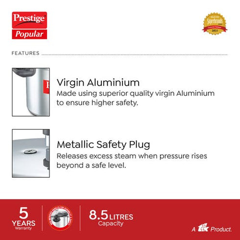 Prestige Popular Virgin Aluminium Precision Weight Valve Pressure Cooker 8.5 L Silver