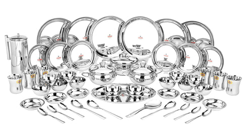 Vinod 51 Pieces Stainless Steel Dinner Set Heavy Gauge steel Tough and Strong Mirror finish Dishwasher safe and ISI certified