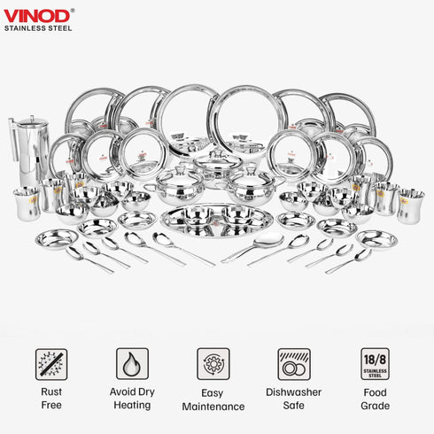 Vinod 51 Pieces Stainless Steel Dinner Set Heavy Gauge steel Tough and Strong Mirror finish Dishwasher safe and ISI certified
