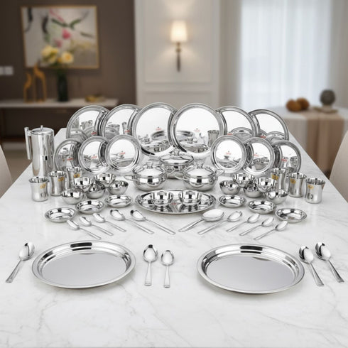 Vinod 51 Pieces Stainless Steel Dinner Set Heavy Gauge steel Tough and Strong Mirror finish Dishwasher safe and ISI certified