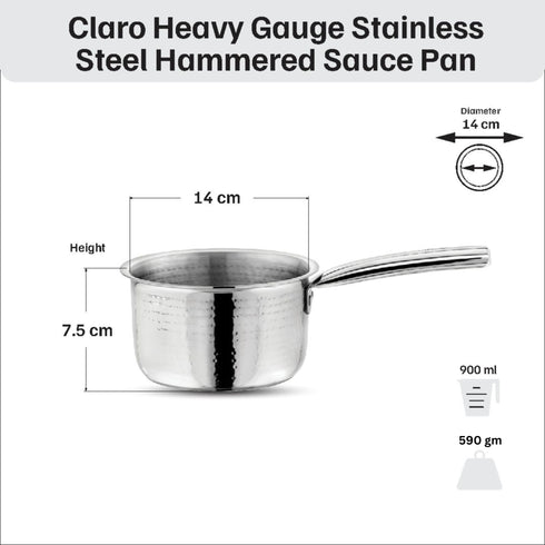 Vinod Claro Heavy Gauge Stainless Steel Hammered Kadai 2.4 Liter 24 cm and Sauce pan 900ml 14cm with 1.5 mm Thickness Set of 2