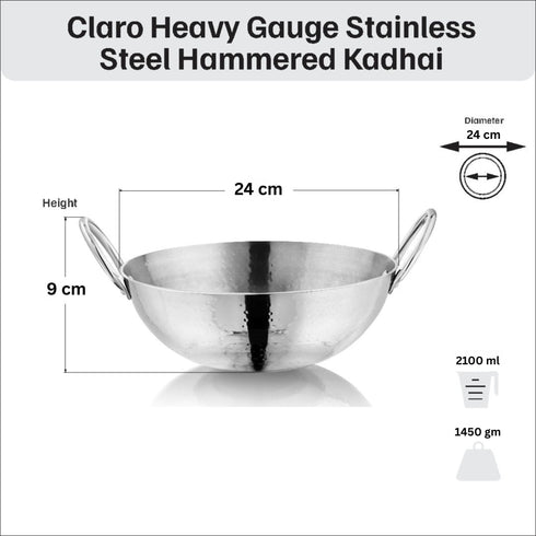 Vinod Claro Heavy Gauge Stainless Steel Hammered Kadai 2.4 Liter 24 cm and Sauce pan 900ml 14cm with 1.5 mm Thickness Set of 2