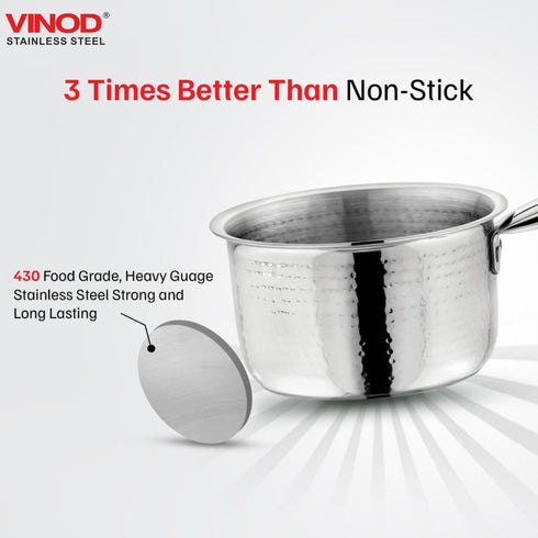 Vinod Claro Heavy Gauge Stainless Steel Hammered Kadai 2.4 Liter 24 cm and Sauce pan 900ml 14cm with 1.5 mm Thickness Set of 2