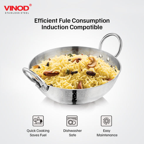 Vinod Claro Heavy Gauge Stainless Steel Hammered Kadai 2.4 Liter 24 cm and Sauce pan 900ml 14cm with 1.5 mm Thickness Set of 2