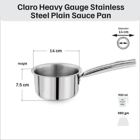 Vinod Claro Heavy Gauge Stainless Steel Plain Kadai 2.4 Liter 24 cm and Sauce pan 900ml 14cm with 1.5 mm Thickness Set of 2