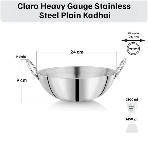Vinod Claro Heavy Gauge Stainless Steel Plain Kadai 2.4 Liter 24 cm and Sauce pan 900ml 14cm with 1.5 mm Thickness Set of 2