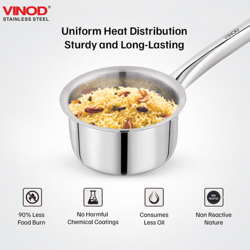 Vinod Claro Heavy Gauge Stainless Steel Plain Kadai 2.4 Liter 24 cm and Sauce pan 900ml 14cm with 1.5 mm Thickness Set of 2