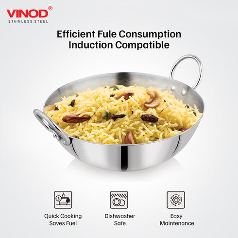 Vinod Claro Heavy Gauge Stainless Steel Plain Kadai 2.4 Liter 24 cm and Sauce pan 900ml 14cm with 1.5 mm Thickness Set of 2