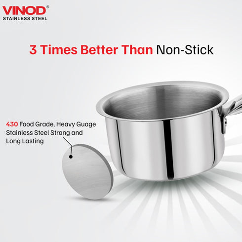 Vinod Claro Heavy Gauge Stainless Steel Plain Kadai 2.4 Liter 24 cm and Sauce pan 900ml 14cm with 1.5 mm Thickness Set of 2