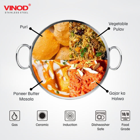 Vinod Claro Heavy Gauge Stainless Steel Plain Kadai 2.4 Liter 24 cm and Sauce pan 900ml 14cm with 1.5 mm Thickness Set of 2