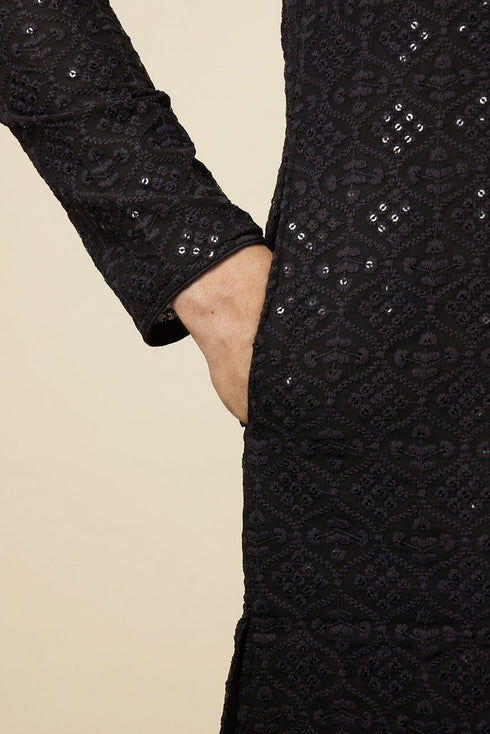 Manyavar Black Chikankari Kurta Set with Sequin Embroidery
