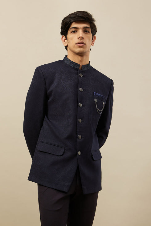 Manyavar Midnight Blue Bel Buti Patterned Indo Western Set