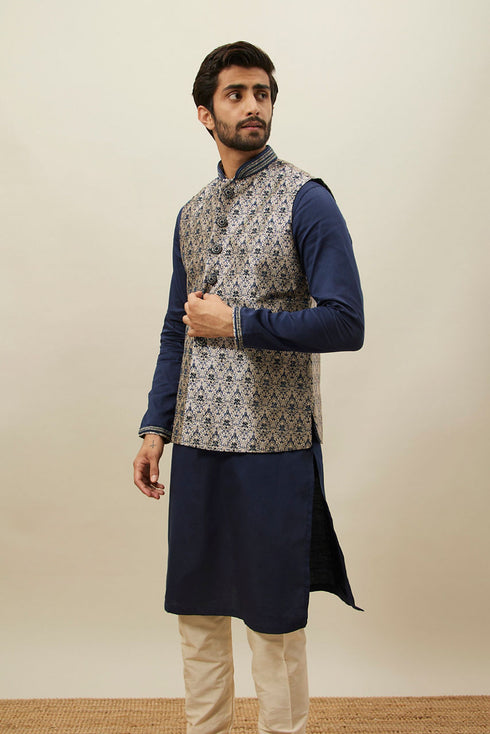 Manyavar Midnight Blue Medallion Patterned Jacket Set