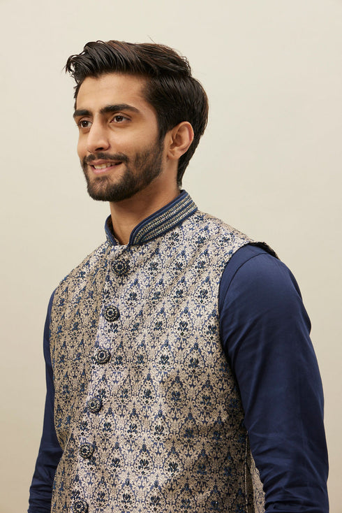 Manyavar Midnight Blue Medallion Patterned Jacket Set