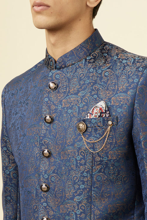 Manyavar Dark Sapphire Blue Paisley Patterned Suit