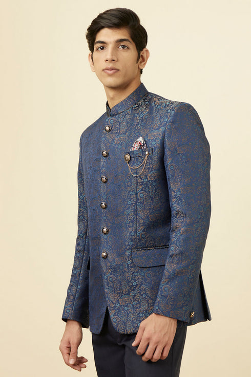 Manyavar Dark Sapphire Blue Paisley Patterned Suit