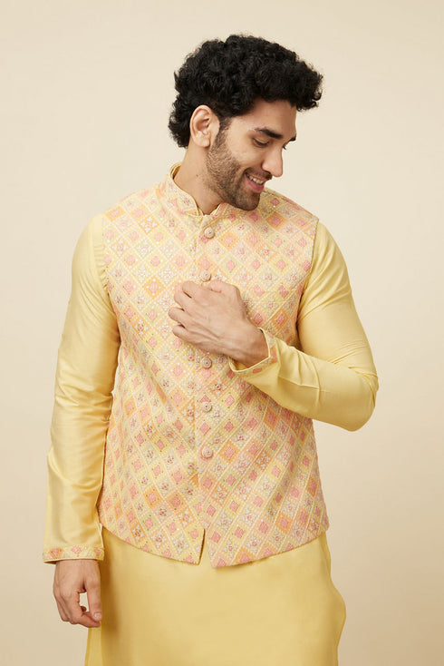 Manyavar Lemon Drop Yellow Self Patterned Kurta Jacket Set