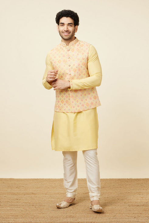 Manyavar Lemon Drop Yellow Self Patterned Kurta Jacket Set