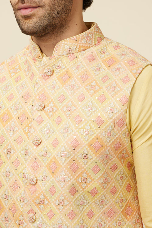 Manyavar Lemon Drop Yellow Self Patterned Kurta Jacket Set