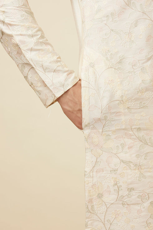 Manyavar Off White Celebration Wear Self Design Kurta Pajama