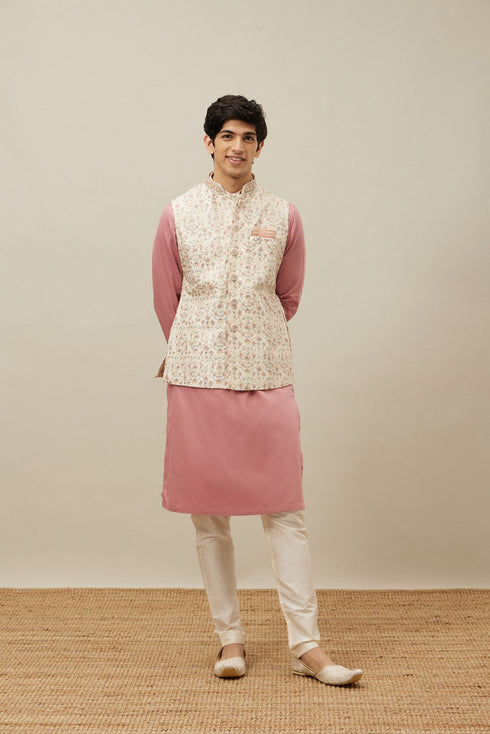 Manyavar Pearled Ivory White Floral Patterned Jacket Set