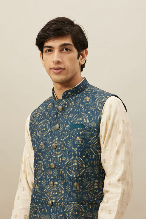 Manyavar Pine Green Tribal Art Printed Jacket