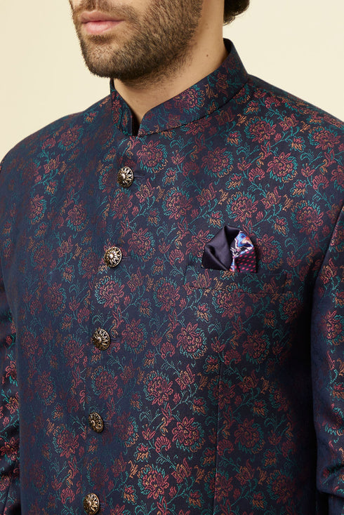 Manyavar Midnight Blue Floral Patterned Suit