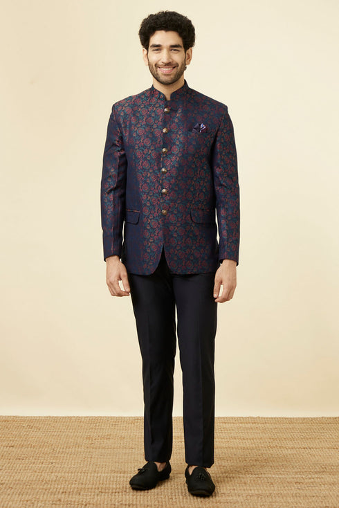 Manyavar Midnight Blue Floral Patterned Suit