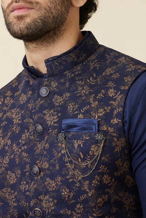 Manyavar Twilight Blue Floral Printed Jacket Set