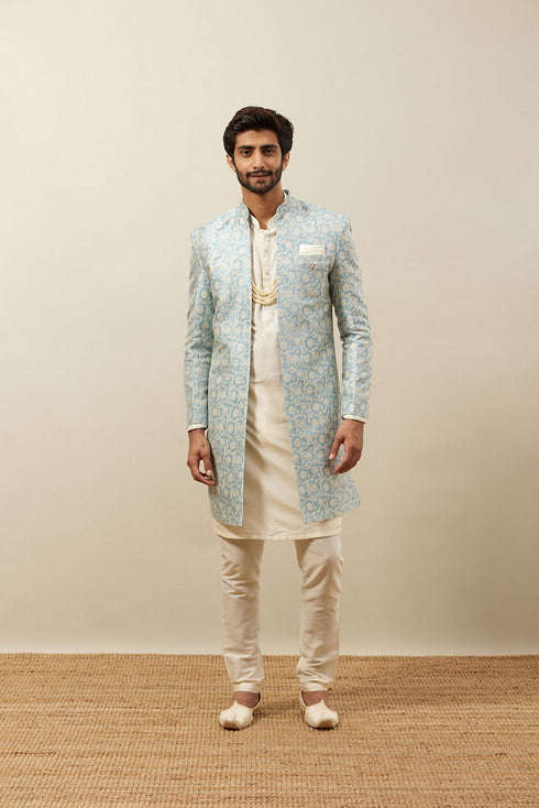 Manyavar Turquoise Blue Bel Buti Patterned Layered Indo Western Set