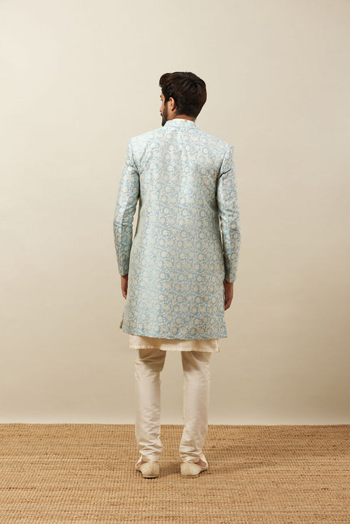 Manyavar Turquoise Blue Bel Buti Patterned Layered Indo Western Set