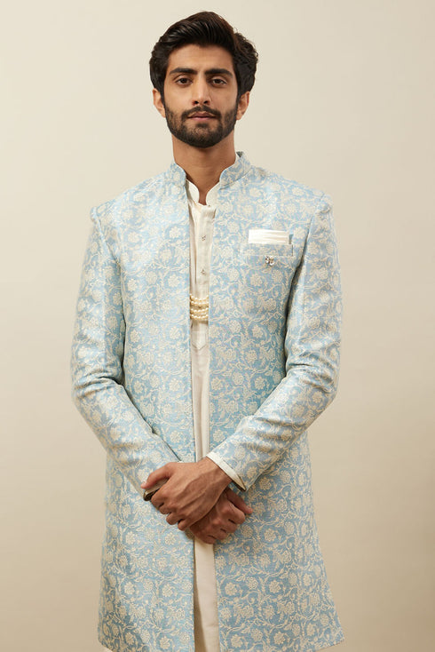 Manyavar Turquoise Blue Bel Buti Patterned Layered Indo Western Set