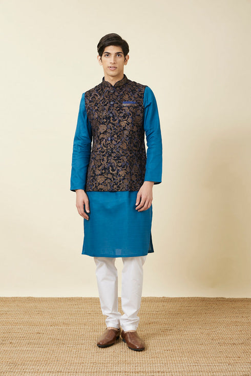 Manyavar Navy Blue Bel Buti Patterned Waistcoat