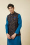 Manyavar Navy Blue Bel Buti Patterned Waistcoat