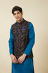 Manyavar Navy Blue Bel Buti Patterned Waistcoat