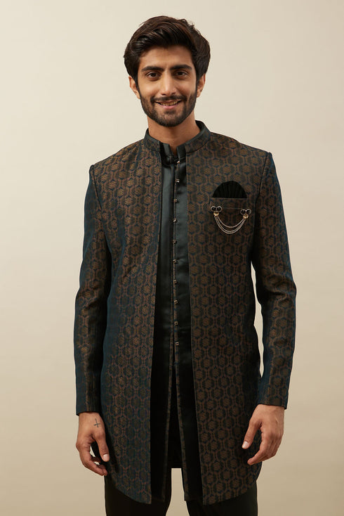 Manyavar Forest Green Honeycomb Patterned Indo Western Set