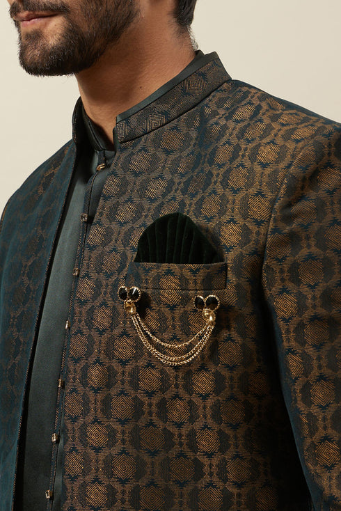 Manyavar Forest Green Honeycomb Patterned Indo Western Set