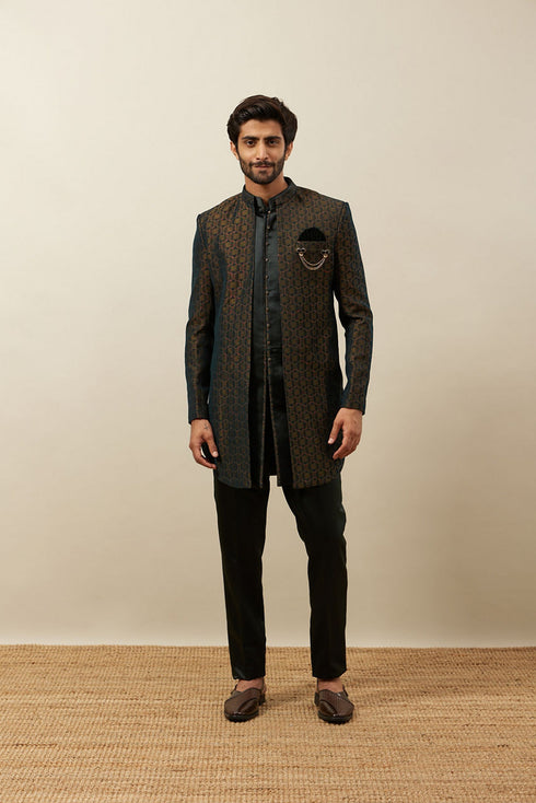 Manyavar Forest Green Honeycomb Patterned Indo Western Set