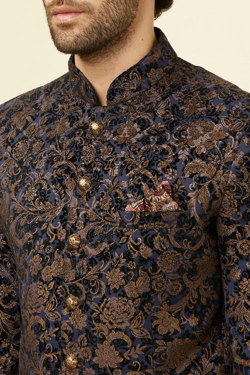 Manyavar Midnight Blue Bel Buti Patterned Suit