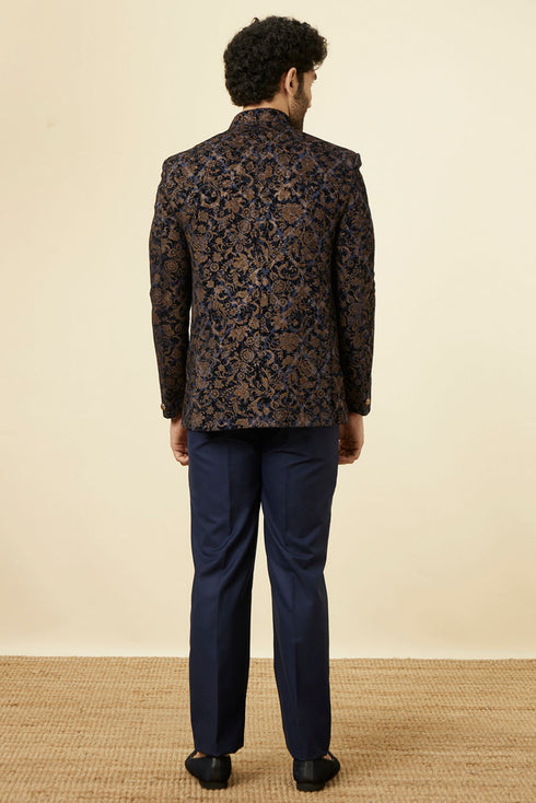 Manyavar Midnight Blue Bel Buti Patterned Suit